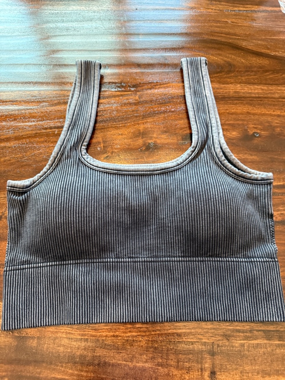 Zenana Outfitters Ribbed Square-Neck Crop Tank - Gray/Black -padded